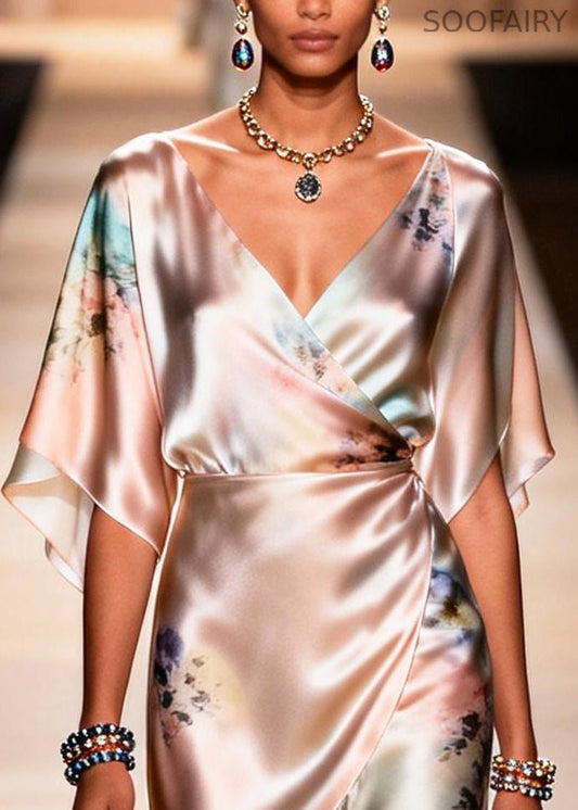 Apricot Asymmetrical Print Chiffon Party Dress Summer