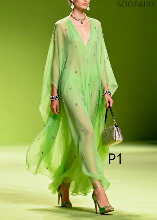 Grass Green Oversized Print Chiffon Robe Dresses Summer