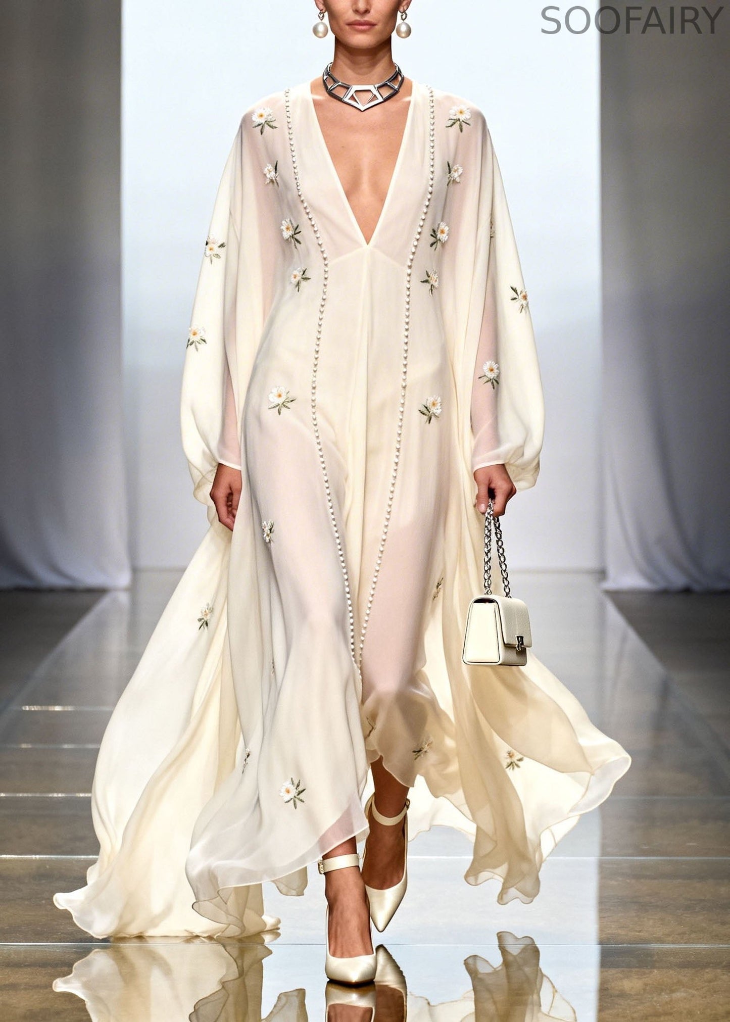 White V Neck Zircon Chiffon Dresses Spring