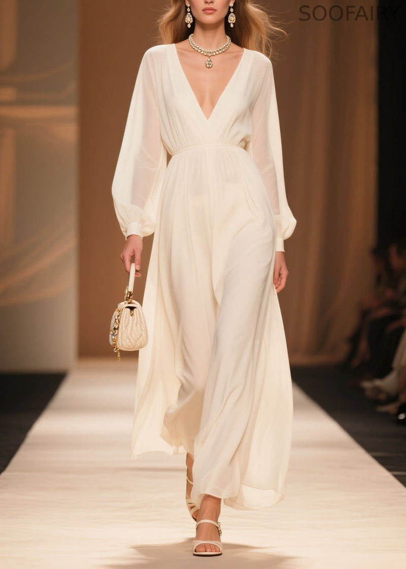 White V Neck Patchwork Chiffon Dress Spring
