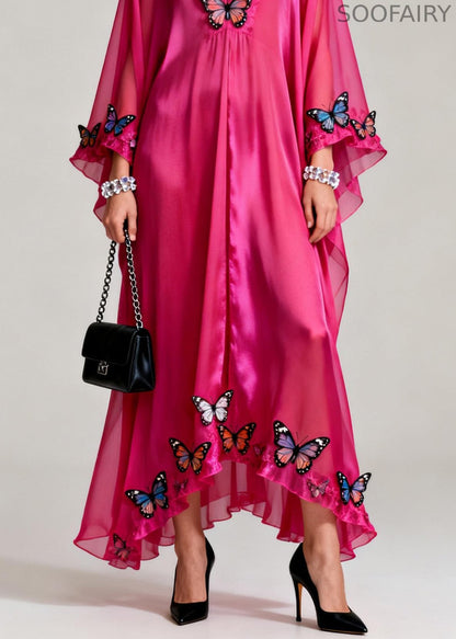 Rose V Neck Butterfly Silk Maxi Dresses Spring