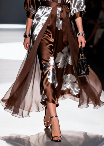 Brown Jacquard Tie Waist Chiffon Vacation Dresses Two Piece Set