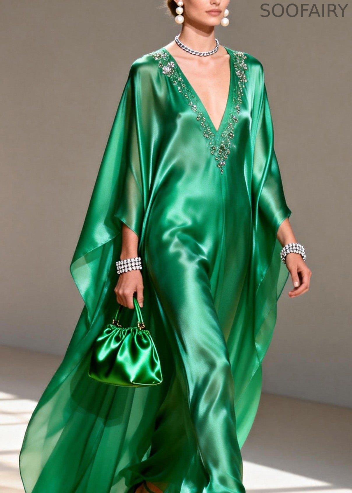Boutique Green V Neck Zircon Silk Long Dress Spring