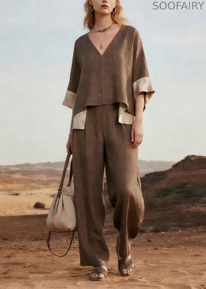 V Neck Patchwork Linen Two Pieces Set Summer