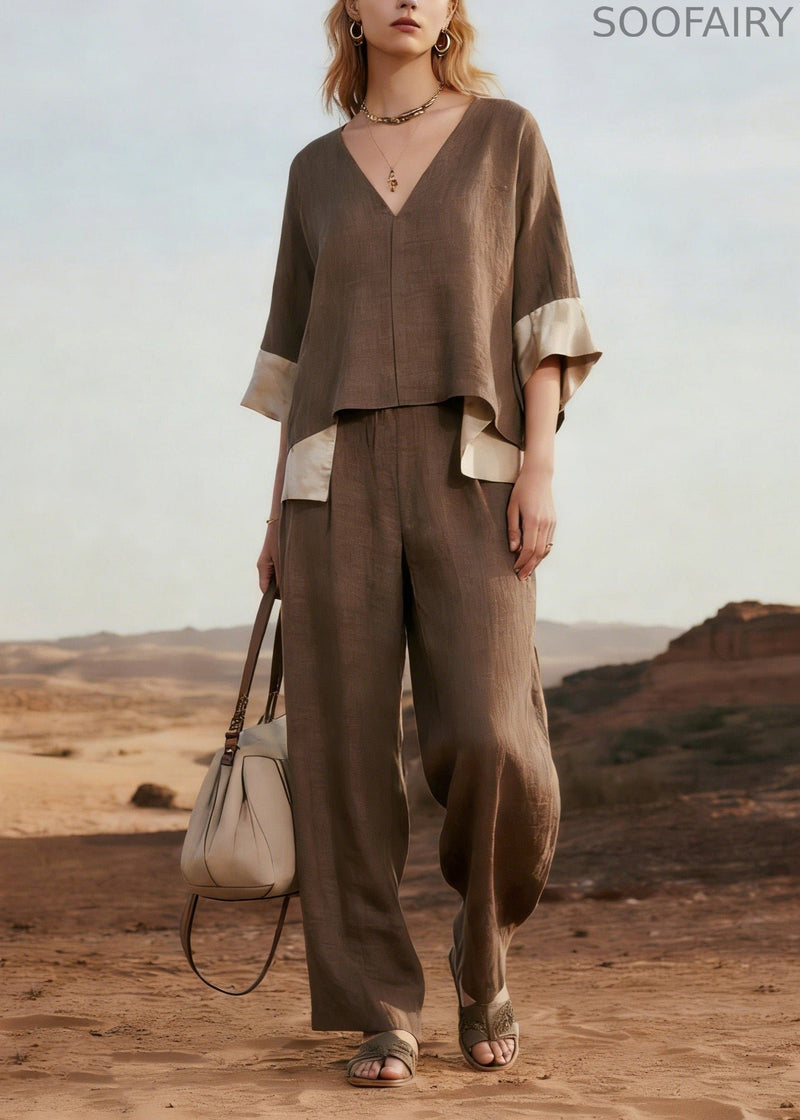 V Neck Patchwork Linen Two Pieces Set Summer