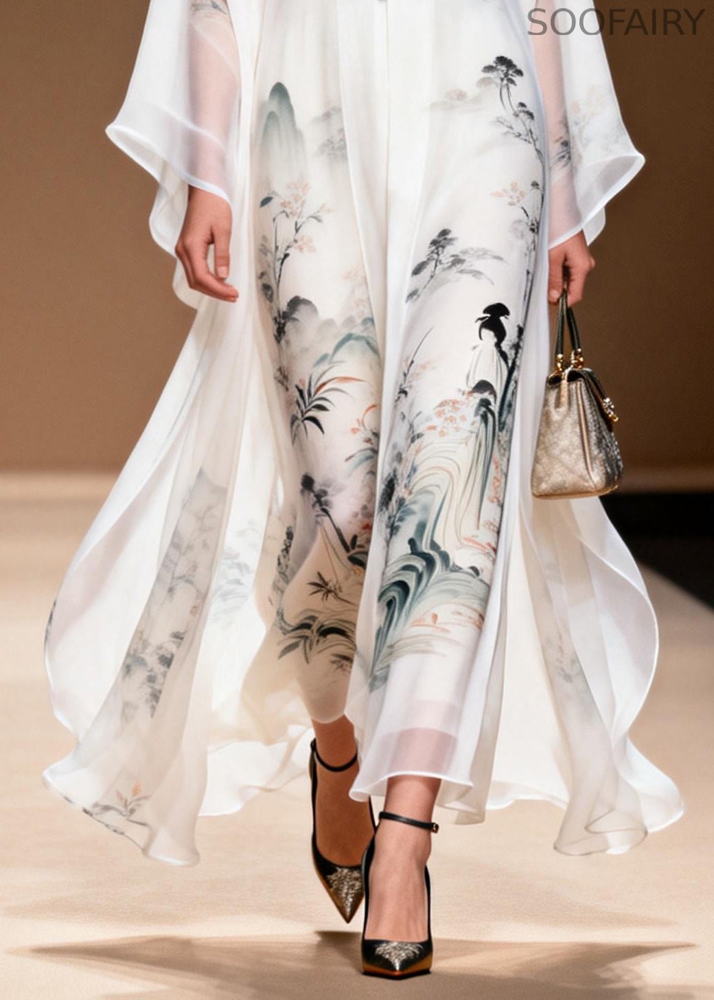 White Print Draping Chiffon Oriental Dress Chinese Button Summer