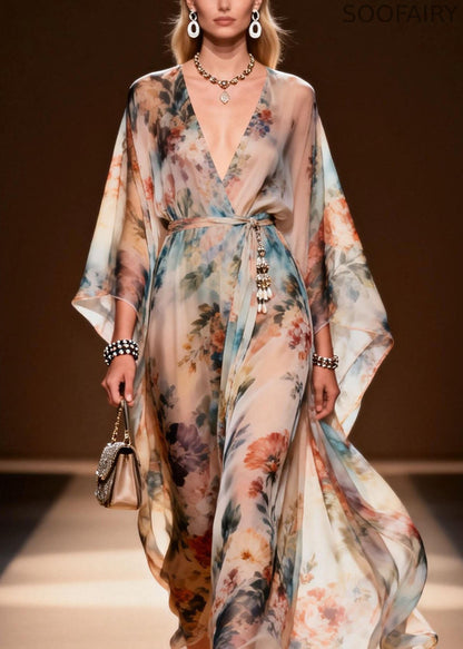 Stylish V Neck Print Loose Chiffon Maxi Dresses Spring