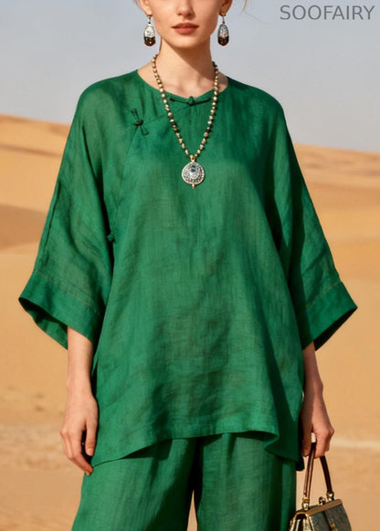 Green Chinese Button Patchwork Linen Two Pieces Set