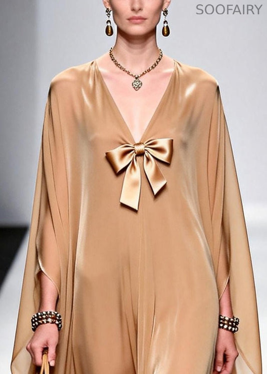Khaki Draping Chiffon Evening Dress Bow Exra Large Hem Summer