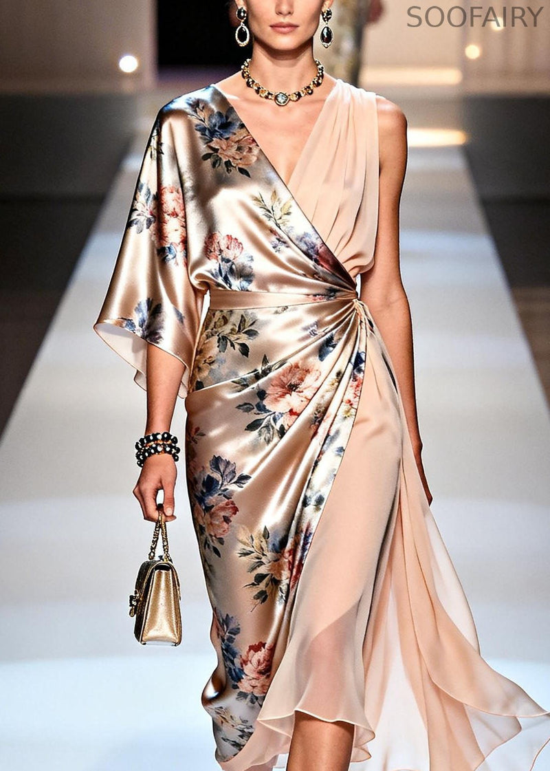 Italian V Neck Print Asymmetrical Design Silk Dress Summer