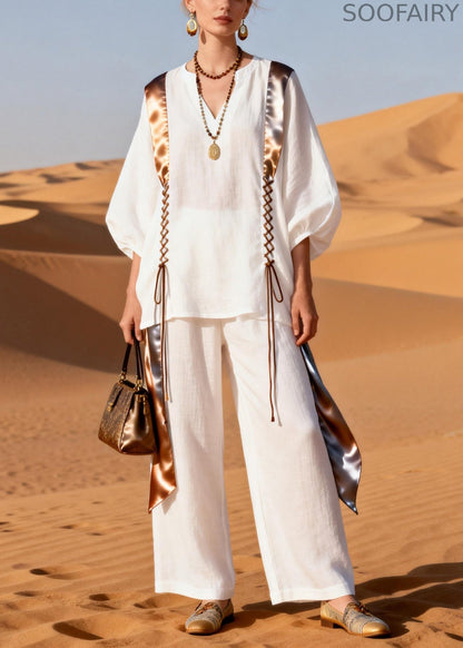 Stylish White V Neck Lace Up Patchwork Linen Two Pieces Set Lantern Sleeve