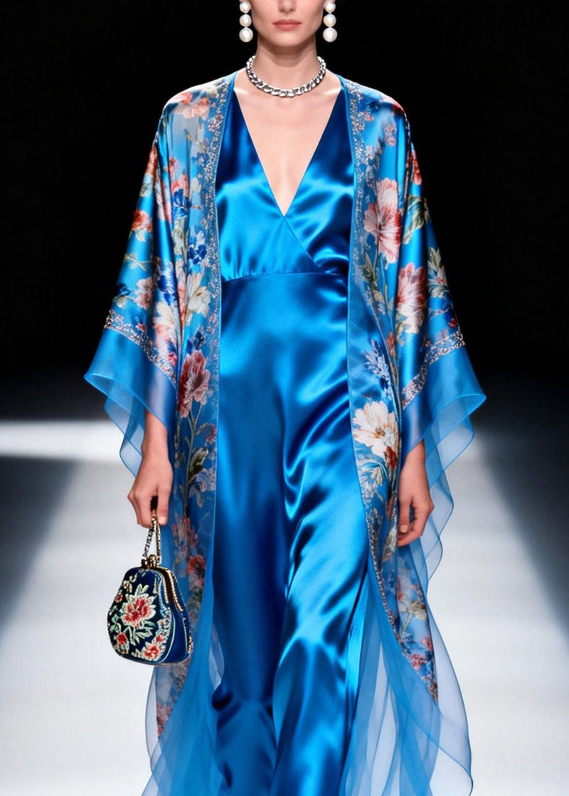 French Blue V Neck Print Silk Two Piece Set Outfits Summer