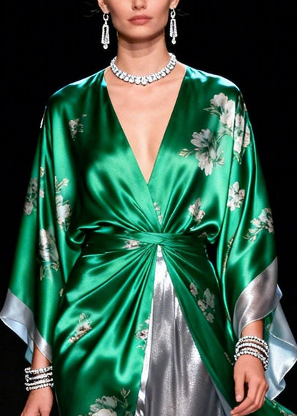 Tea Green Print Patchwork Chiffon Long Dress Summer