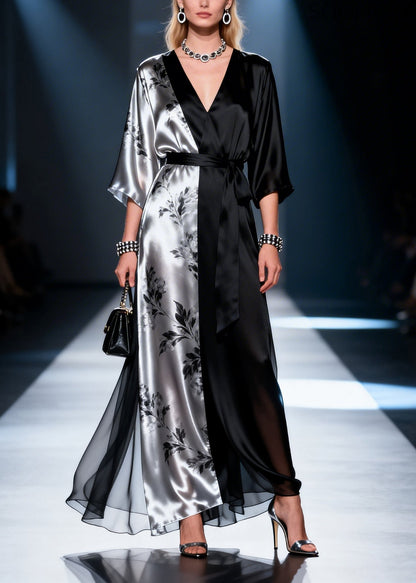 Unique Black Asymmetrical Patchwork Draping Chiffon Tunic Dress Summer