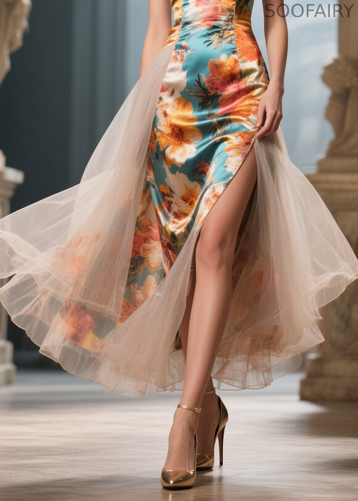 Colorful Flowers Patchwork Tulle Vestidos Dress Cold Shoulder Side Open Summer