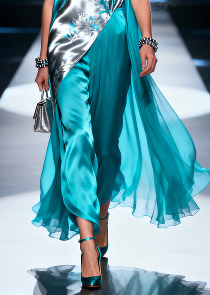 Unique Blue Asymmetrical Design Print Silk Long Dress Summer