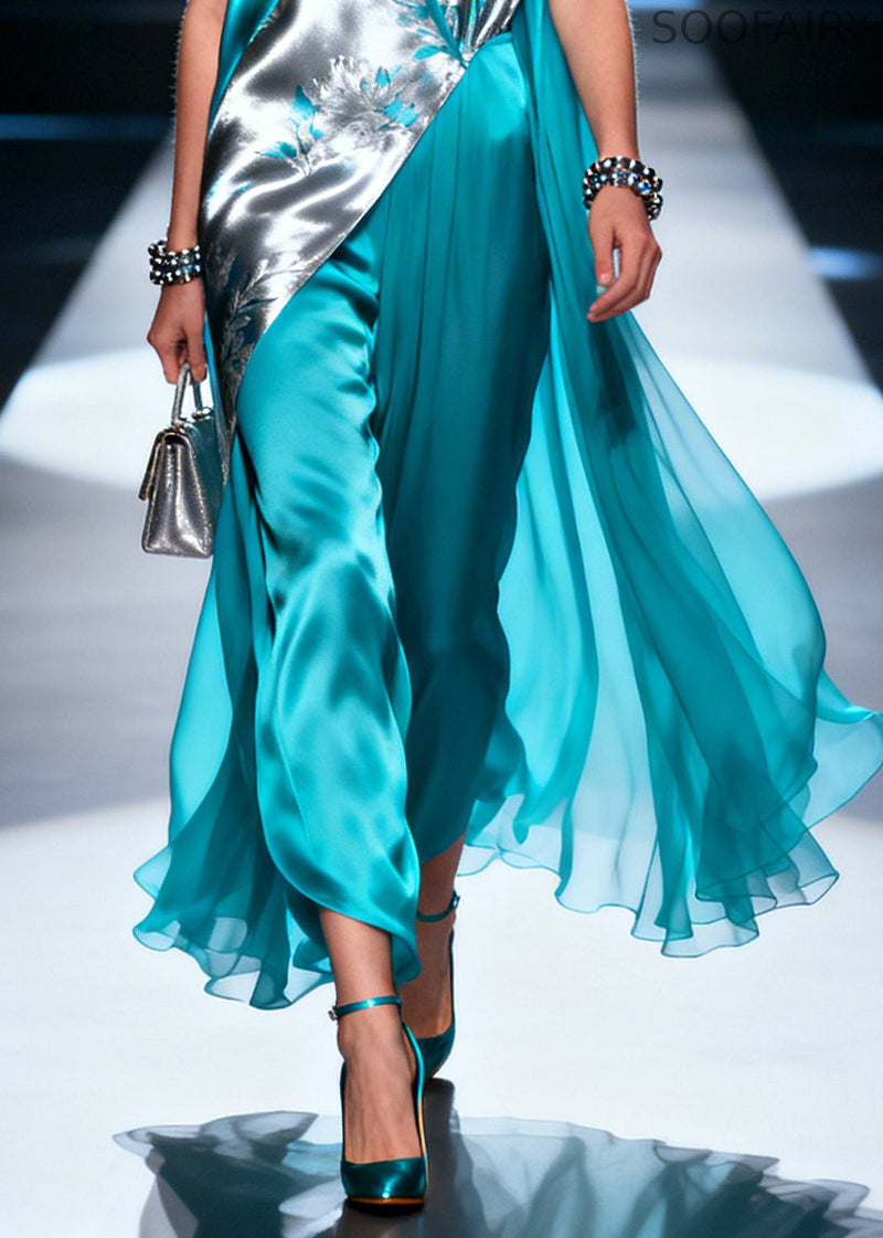 Unique Blue Asymmetrical Design Print Silk Long Dress Summer