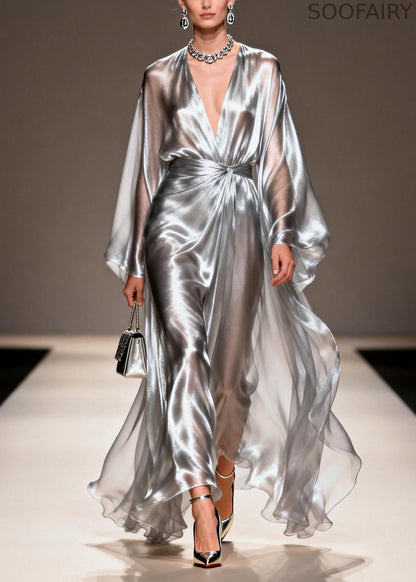 Style Silvery Exra Large Hem Draping Chiffon Ankle Dress Summer