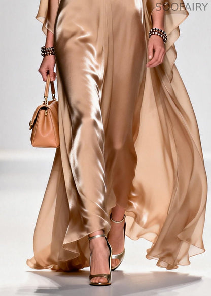 Khaki Bow Exra Large Hem Draping Chiffon Maxi Dresses Summer