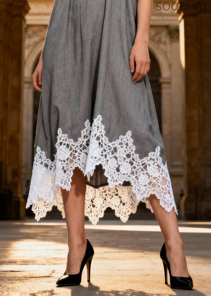 Original Design Grey Halter Lace Patchwork Long Dress Summer