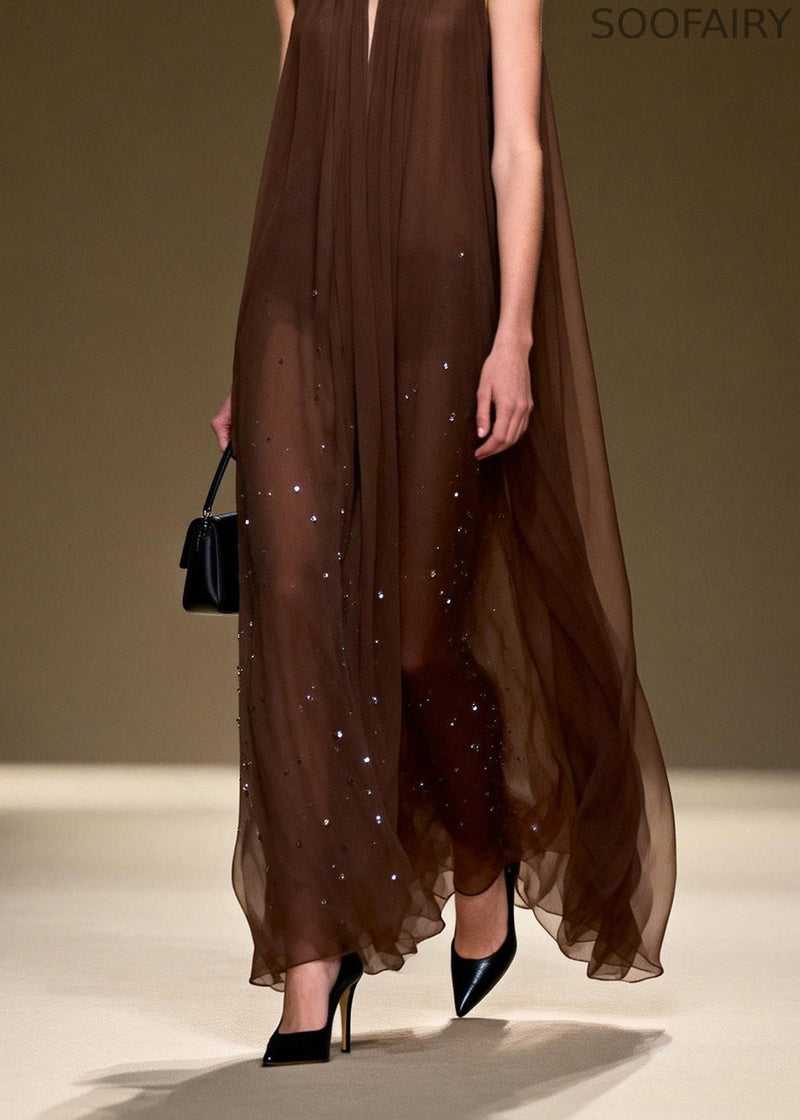 Style O Neck Wrinkled Zircon Chiffon Long Dresses Sleeveless