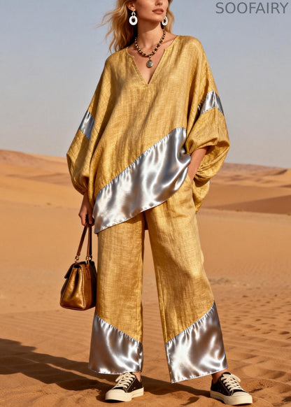 Yellow Silk Patchwork Tops and Pants Two Pieces Set V Neck Spring