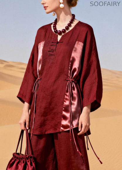 Red Tops and Crop Pants Patchwork Silk Linen Two Pieces Set Drawstring Spring