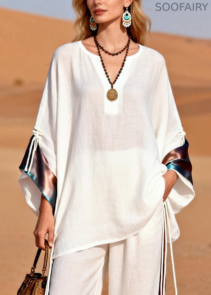 French White V Neck Drawstring Silk Patchwork Two Piece Set Spring