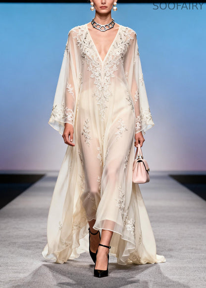 French White Embroidered Exra Large Hem Chiffon Party Dress Summer