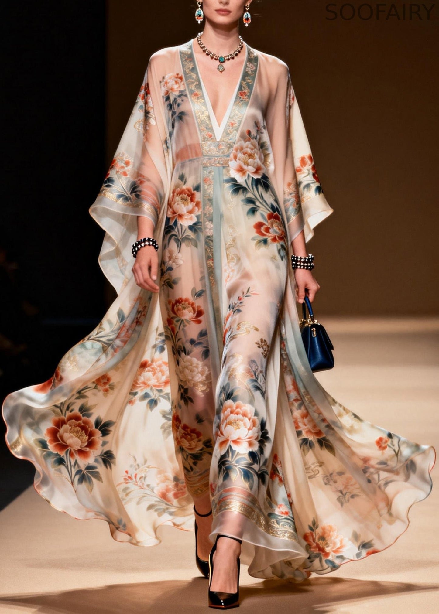 Classy V Neck Print Chiffon Long Dress Spring