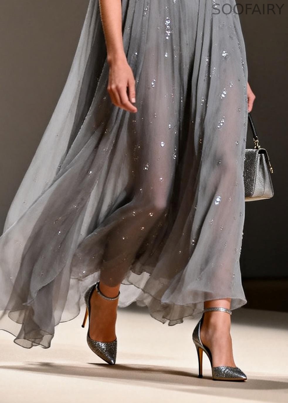 Grey Sequins Chiffon Long Dress Sleeveless
