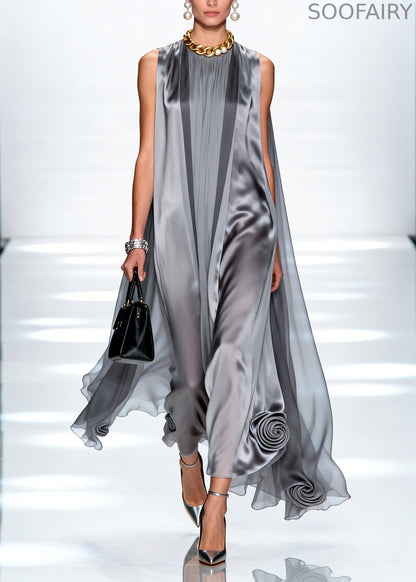 Loose Grey Oversized Stereoscopic Chiffon Long Dress Sleeveless