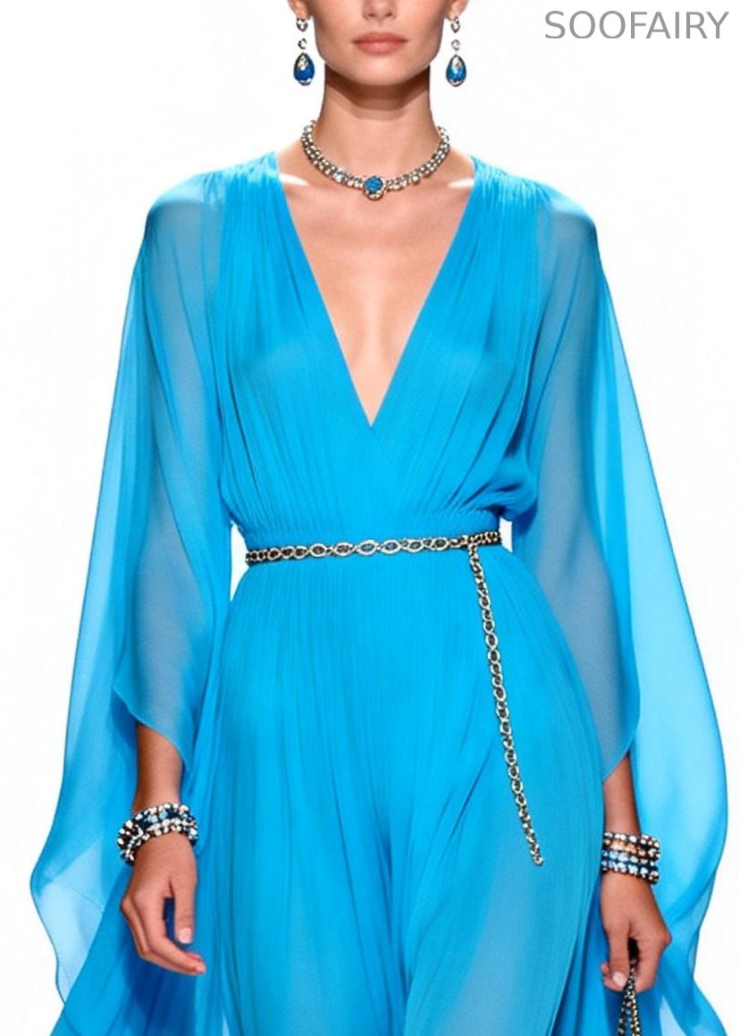 Stylish Blue V Neck Draping Chiffon Maxi Dresses Summer