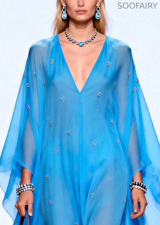 Style Blue Oversized Chiffon Holiday Dress Summer