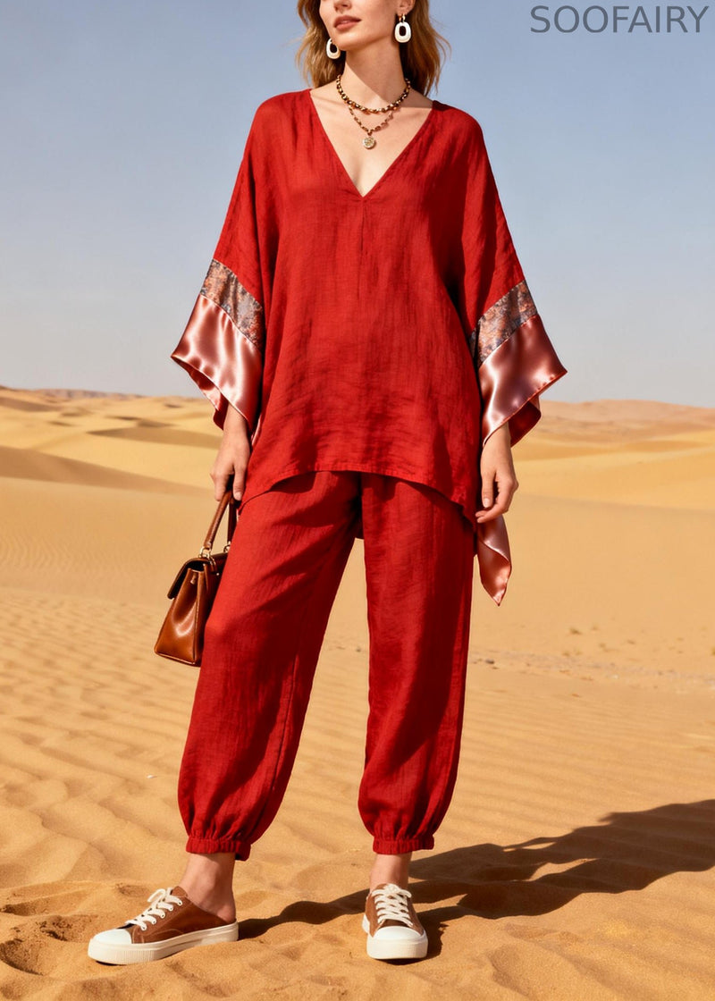 Red Oversized Patchwork Linen Silk Two Piece Suit Set Spring