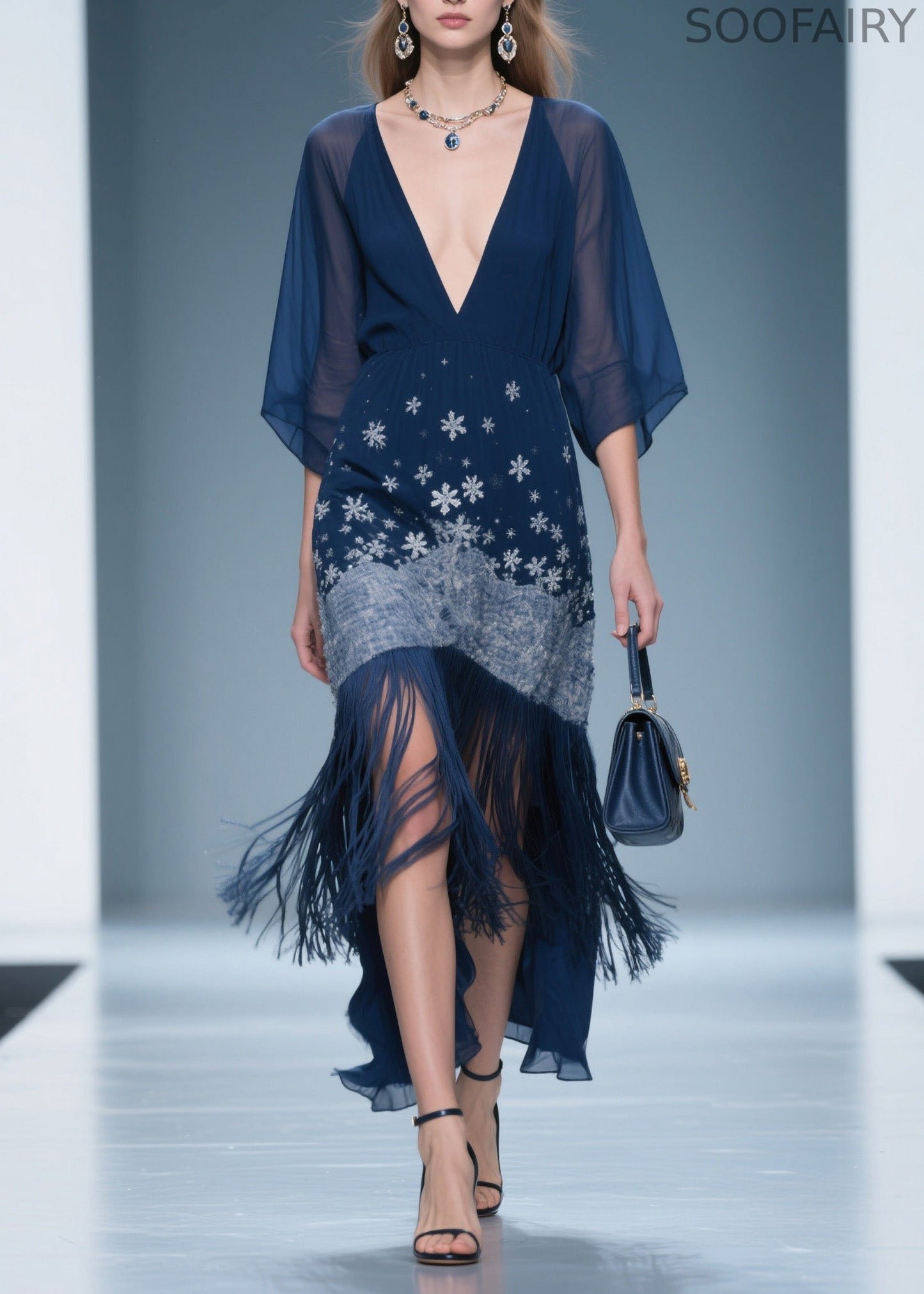 Fine V Neck Print Tassel Chiffon Maxi Dresses Summer
