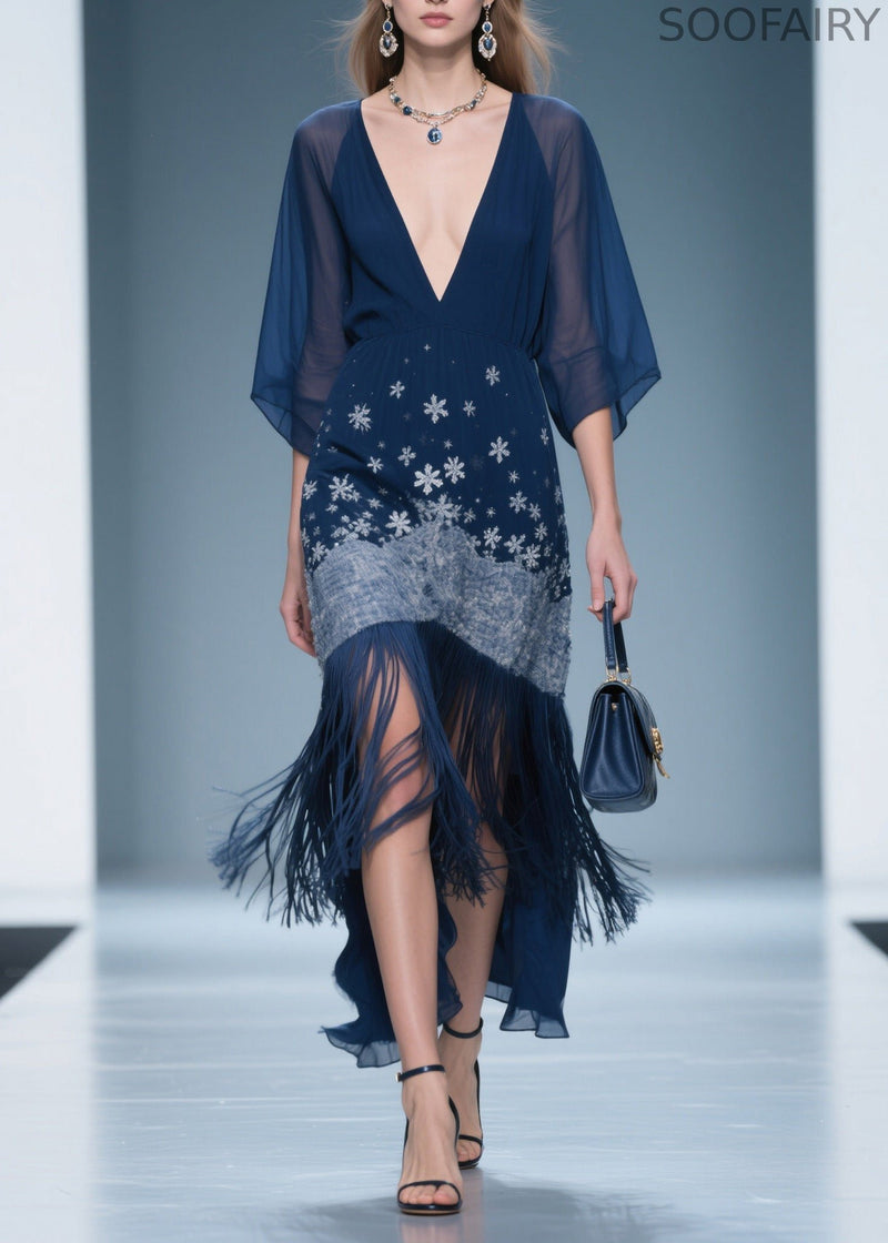 Fine V Neck Print Tassel Chiffon Maxi Dresses Summer