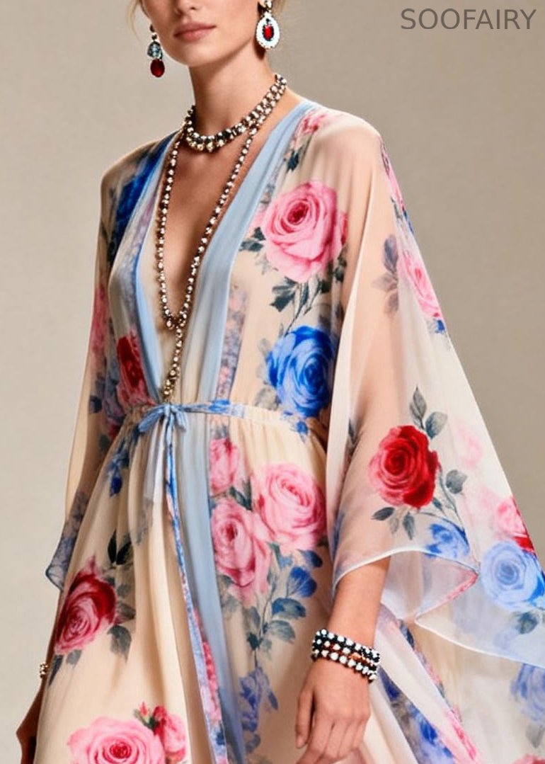 Apricot Tie Waist Print Chiffon Party Dress Summer