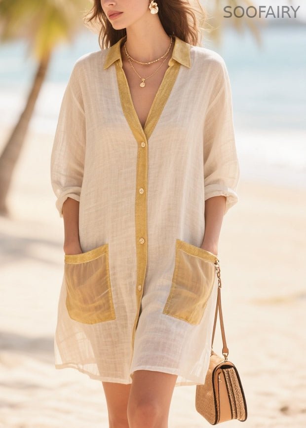 Beige Oversized Patchwork Cotton Mid Dress Summer