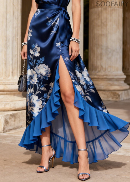 Style Navy Ruffled Print Side Open Chiffon Maxi Dresses Summer
