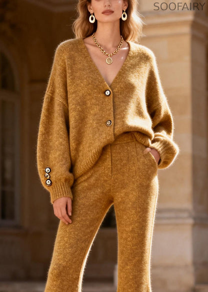 Loose Yellow V Neck Cotton Knit Cardigans and Flared Trousers Two Pieces Set Spring
