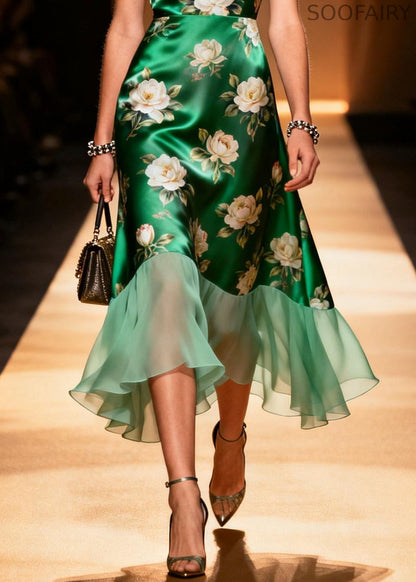 Art Grass Green V Neck Patchwork Flower Print Silk Party Dress Summer