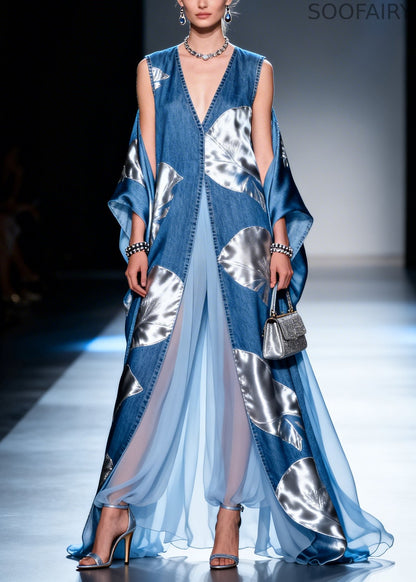 Blue Print Patchwork Exra Large Hem Denim a Line Dresses Summer
