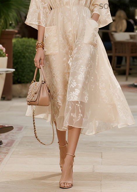 French Champagne Jacquard Pockets Tulle Party Dress Summer