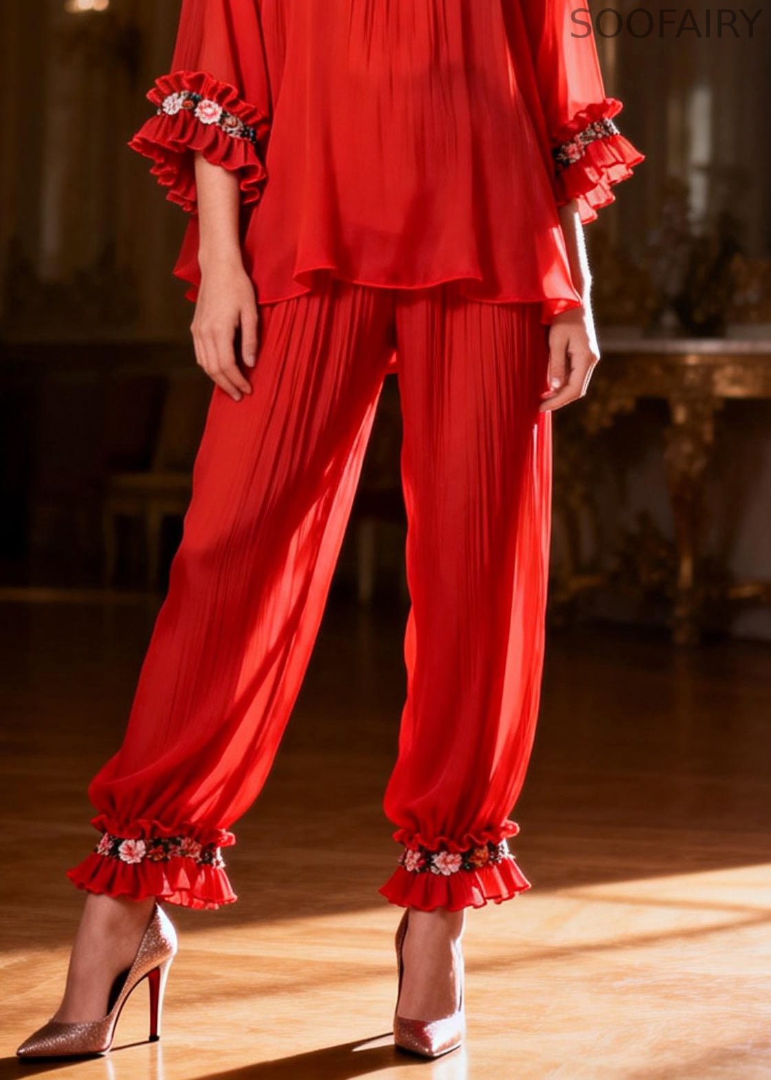 Red Ruffled Two Pieces Set O Neck Spring