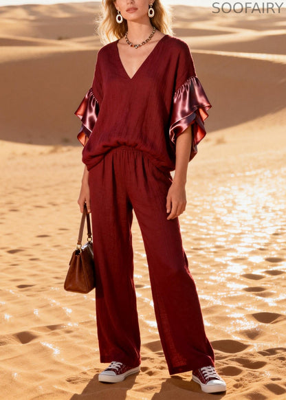 Fine Mulberry V Neck Patchwork Cotton Two Pieces Set Butterfly Sleeve