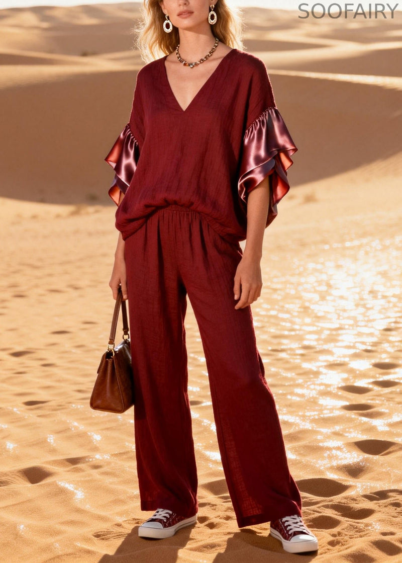 Fine Mulberry V Neck Patchwork Cotton Two Pieces Set Butterfly Sleeve