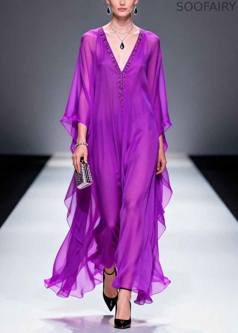 Purple V Neck Zircon Draping Chiffon Dresses Summer