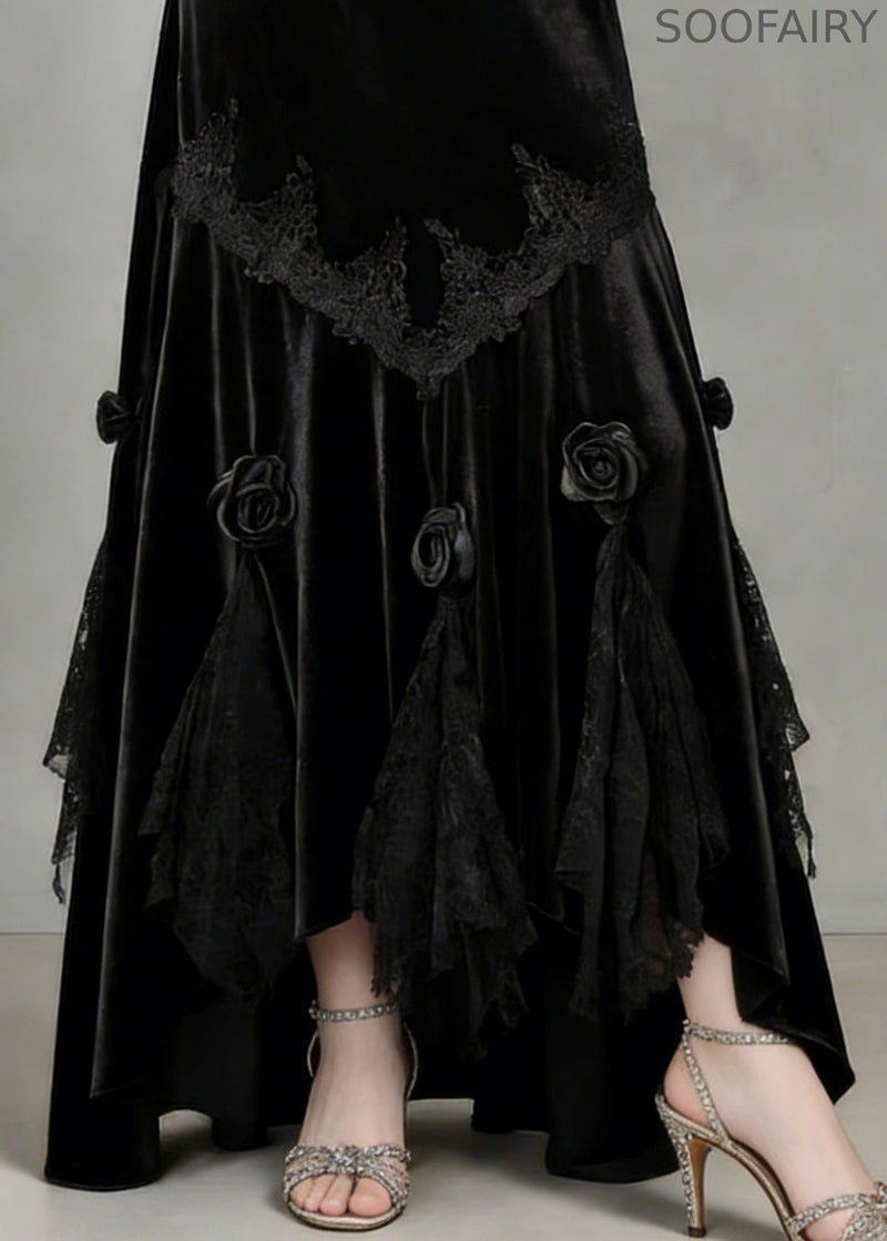 Slim Fit Black Lace Silk Velvet Fish Tail Skirt Spring
