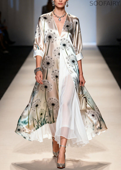 Unique Apricot Dandelion Print Chiffon Fake Two Piece Dress Summer